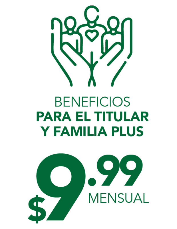 Beneficios para el titular y familia plus - $9.99 usd.